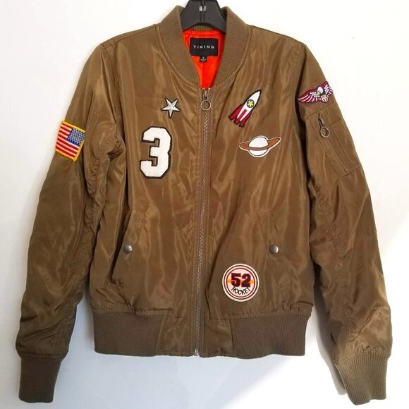 Timing Army Green Handmade Patched Bomber Jacket - Picture 1 of 15